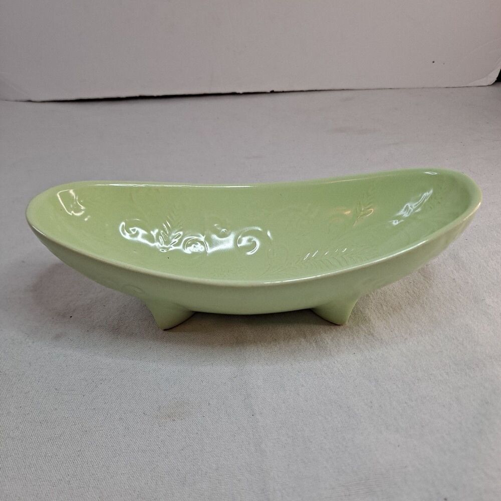 Vintage HULL Pottery Console Footed Bowl Green USA I-18 Glazed Leaf Pattern - Picture 3 of 10